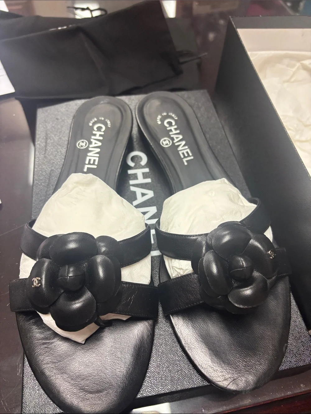 CHANEL Black Leather Camellia Slide Sandals